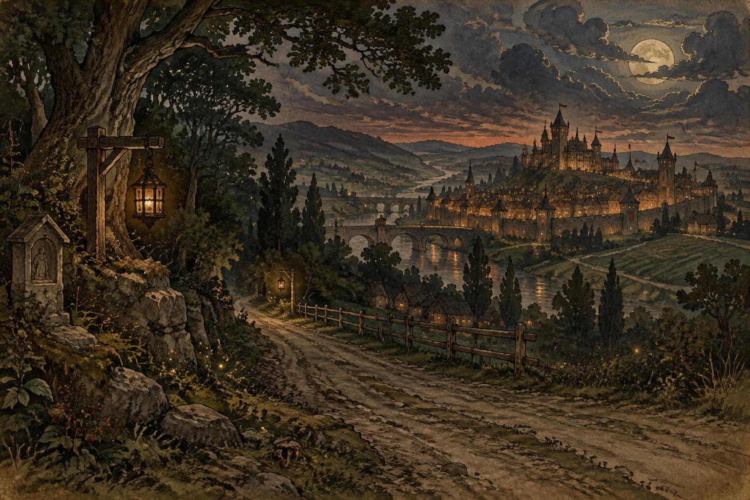 A moonlit road leading back toward the medieval city