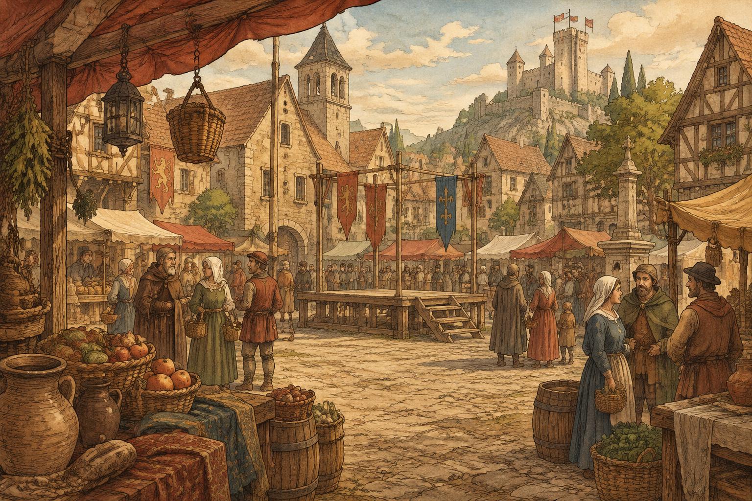 A bustling medieval market square where the fictional experiment unfolds